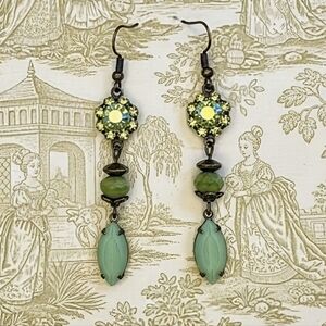 Victorian Green Flower Crystal In Three Tier Long Earrings In Brass